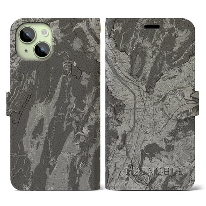 【グルノーブル（フランス）】地図柄iPhoneケース（手帳タイプ）モノトーン・iPhone 15 用