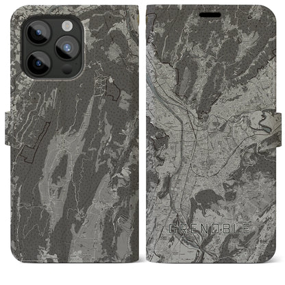 【グルノーブル（フランス）】地図柄iPhoneケース（手帳タイプ）モノトーン・iPhone 15 Pro Max 用