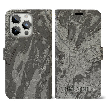 【グルノーブル（フランス）】地図柄iPhoneケース（手帳タイプ）モノトーン・iPhone 15 Pro 用