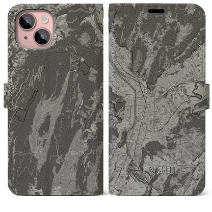 【グルノーブル（フランス）】地図柄iPhoneケース（手帳タイプ）モノトーン・iPhone 15 Plus 用