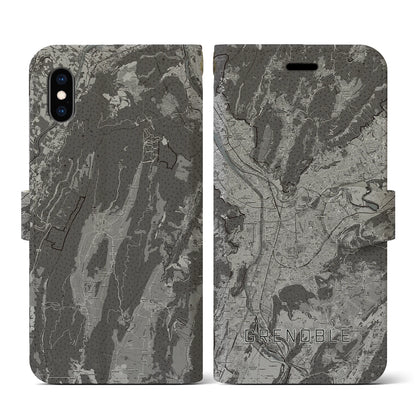 【グルノーブル（フランス）】地図柄iPhoneケース（手帳タイプ）モノトーン・iPhone XS / X 用