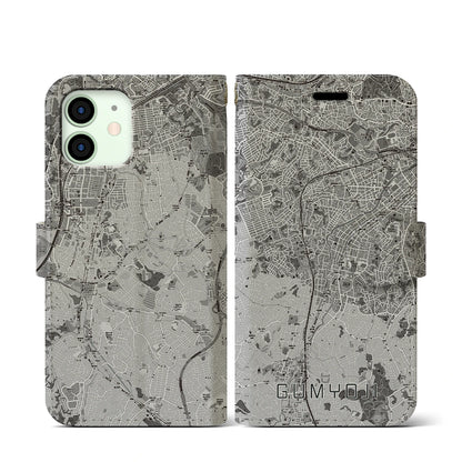 【弘明寺（神奈川県）】地図柄iPhoneケース（手帳タイプ）モノトーン・iPhone 12 mini 用