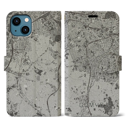 【弘明寺（神奈川県）】地図柄iPhoneケース（手帳タイプ）モノトーン・iPhone 13 用