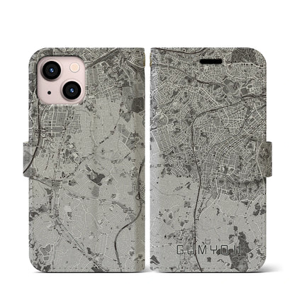 【弘明寺（神奈川県）】地図柄iPhoneケース（手帳タイプ）モノトーン・iPhone 13 mini 用