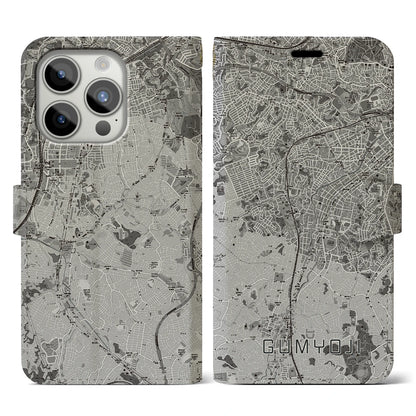 【弘明寺（神奈川県）】地図柄iPhoneケース（手帳タイプ）モノトーン・iPhone 15 Pro 用