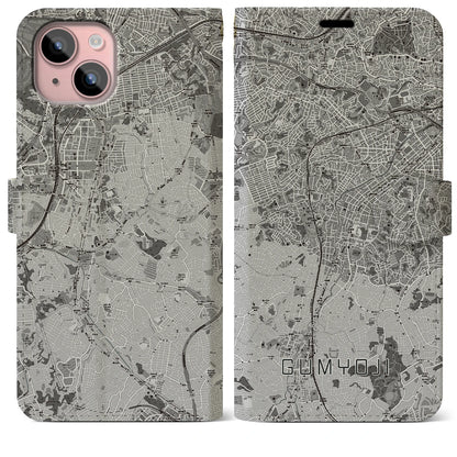 【弘明寺（神奈川県）】地図柄iPhoneケース（手帳タイプ）モノトーン・iPhone 15 Plus 用