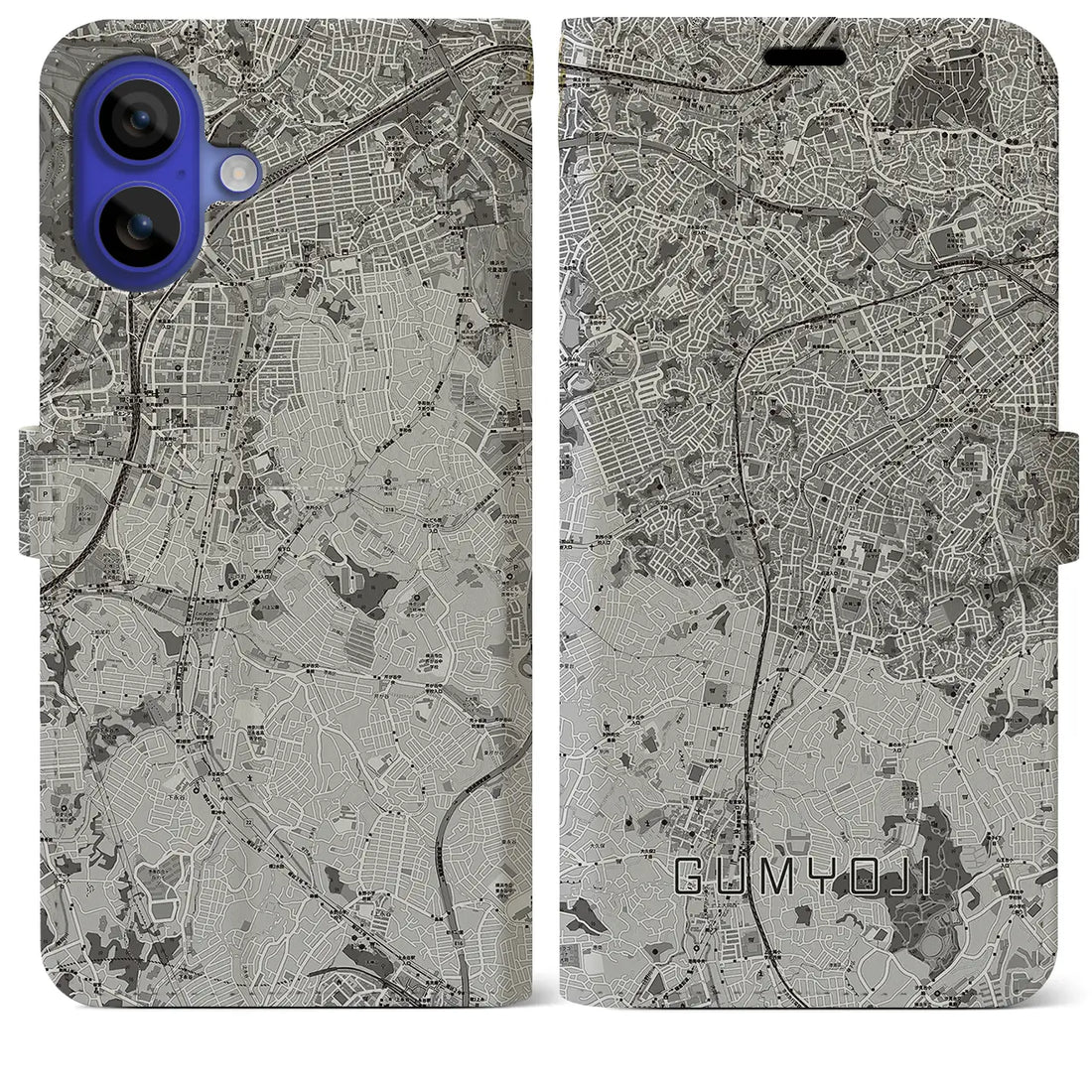 【弘明寺(神奈川県)】地図柄iPhoneケース(手帳タイプ)モノトーン・iPhone 16 Pro Max 用