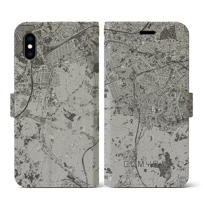 【弘明寺（神奈川県）】地図柄iPhoneケース（手帳タイプ）モノトーン・iPhone XS / X 用