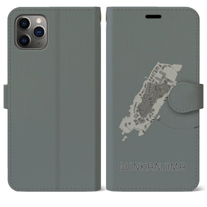 【軍艦島（長崎県）】地図柄iPhoneケース（手帳タイプ）モノトーン・iPhone 11 Pro Max 用