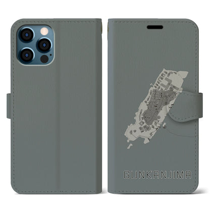 【軍艦島（長崎県）】地図柄iPhoneケース（手帳タイプ）モノトーン・iPhone 12 / 12 Pro 用