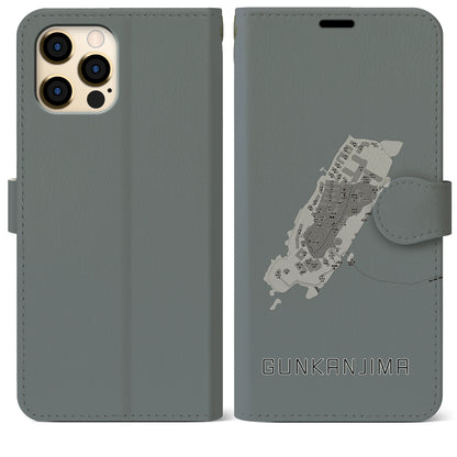 【軍艦島（長崎県）】地図柄iPhoneケース（手帳タイプ）モノトーン・iPhone 12 Pro Max 用