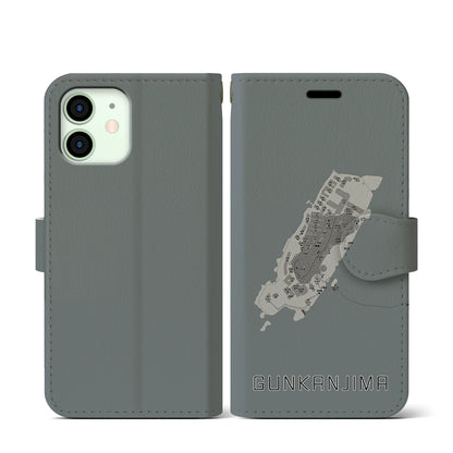 【軍艦島（長崎県）】地図柄iPhoneケース（手帳タイプ）モノトーン・iPhone 12 mini 用
