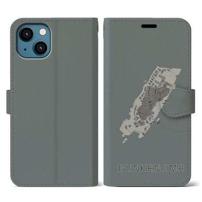 【軍艦島（長崎県）】地図柄iPhoneケース（手帳タイプ）モノトーン・iPhone 13 用