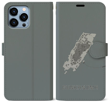 【軍艦島（長崎県）】地図柄iPhoneケース（手帳タイプ）モノトーン・iPhone 13 Pro Max 用