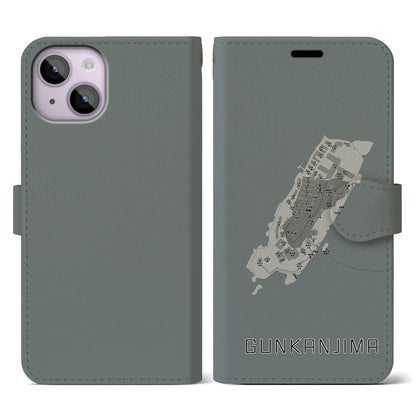 【軍艦島（長崎県）】地図柄iPhoneケース（手帳タイプ）モノトーン・iPhone 14 用