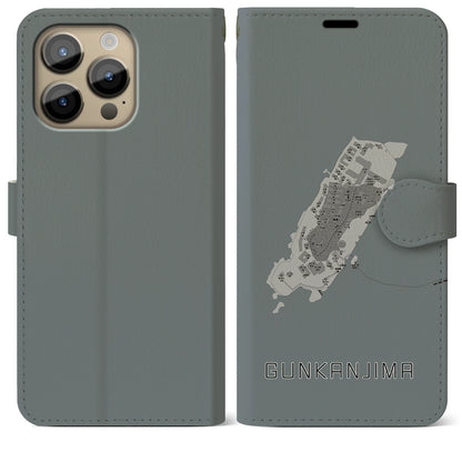 【軍艦島（長崎県）】地図柄iPhoneケース（手帳タイプ）モノトーン・iPhone 14 Pro Max 用