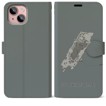 【軍艦島（長崎県）】地図柄iPhoneケース（手帳タイプ）モノトーン・iPhone 15 Plus 用