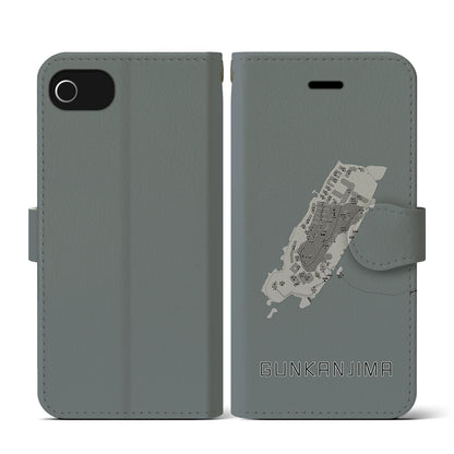 【軍艦島（長崎県）】地図柄iPhoneケース（手帳タイプ）モノトーン・iPhone SE（第3 / 第2世代） / 8 / 7 / 6s / 6 用