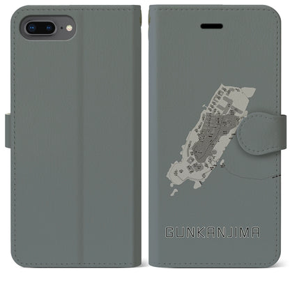 【軍艦島（長崎県）】地図柄iPhoneケース（手帳タイプ）モノトーン・iPhone 8Plus /7Plus / 6sPlus / 6Plus 用