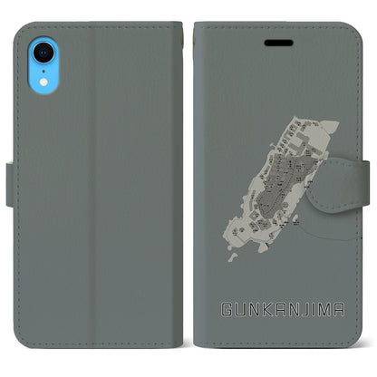 【軍艦島（長崎県）】地図柄iPhoneケース（手帳タイプ）モノトーン・iPhone XR 用