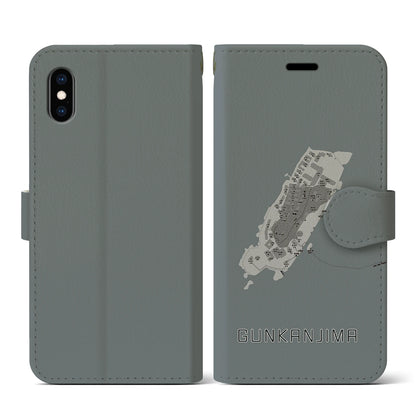 【軍艦島（長崎県）】地図柄iPhoneケース（手帳タイプ）モノトーン・iPhone XS / X 用