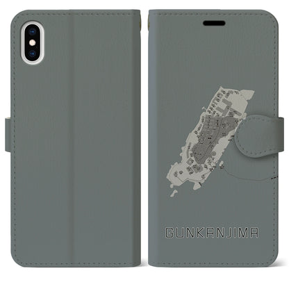 【軍艦島（長崎県）】地図柄iPhoneケース（手帳タイプ）モノトーン・iPhone XS Max 用