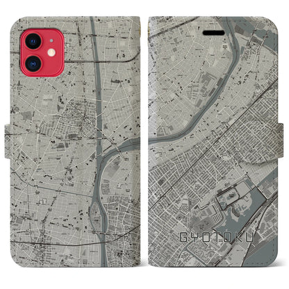 【行徳（千葉県）】地図柄iPhoneケース（手帳タイプ）モノトーン・iPhone 11 用