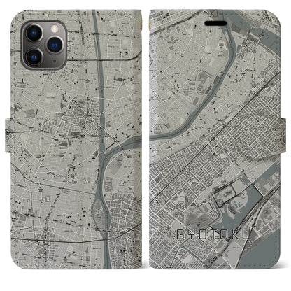 【行徳（千葉県）】地図柄iPhoneケース（手帳タイプ）モノトーン・iPhone 11 Pro Max 用