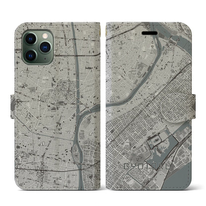 【行徳（千葉県）】地図柄iPhoneケース（手帳タイプ）モノトーン・iPhone 11 Pro 用