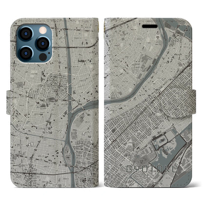 【行徳（千葉県）】地図柄iPhoneケース（手帳タイプ）モノトーン・iPhone 12 / 12 Pro 用