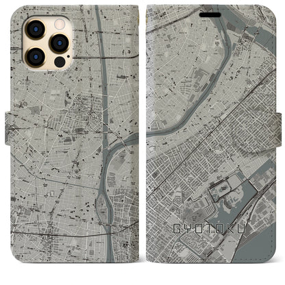 【行徳（千葉県）】地図柄iPhoneケース（手帳タイプ）モノトーン・iPhone 12 Pro Max 用