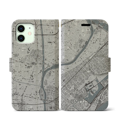 【行徳（千葉県）】地図柄iPhoneケース（手帳タイプ）モノトーン・iPhone 12 mini 用