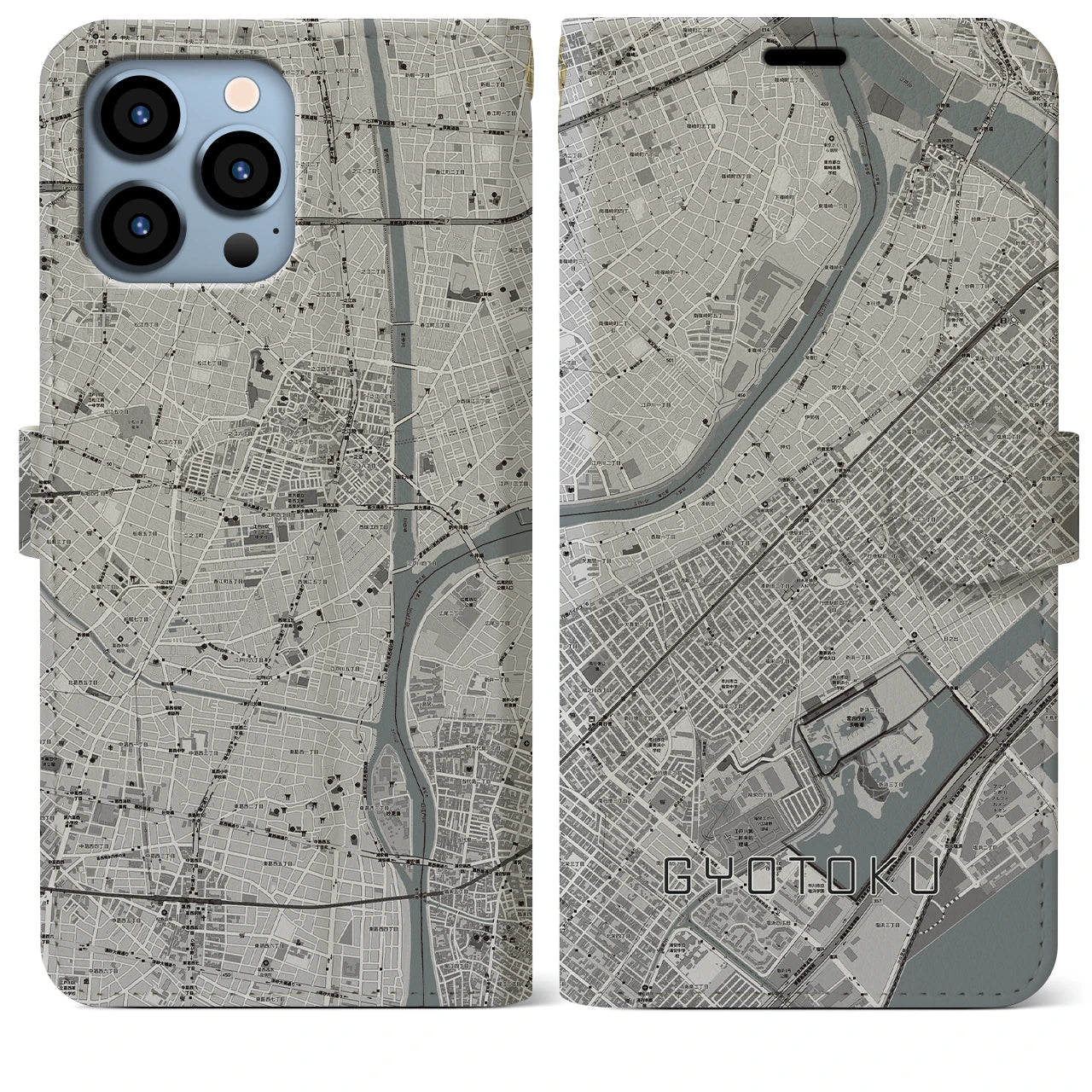 【行徳】地図柄iPhoneケース（手帳両面タイプ・モノトーン）iPhone 13 Pro Max 用