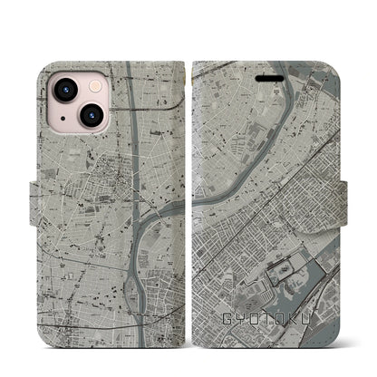 【行徳（千葉県）】地図柄iPhoneケース（手帳タイプ）モノトーン・iPhone 13 mini 用