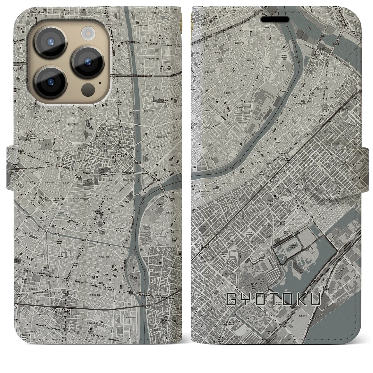 【行徳】地図柄iPhoneケース（手帳両面タイプ・モノトーン）iPhone 14 Pro Max 用