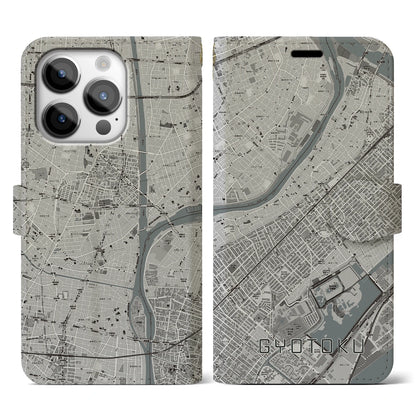 【行徳（千葉県）】地図柄iPhoneケース（手帳タイプ）モノトーン・iPhone 14 Pro 用