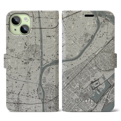 【行徳（千葉県）】地図柄iPhoneケース（手帳タイプ）モノトーン・iPhone 15 用