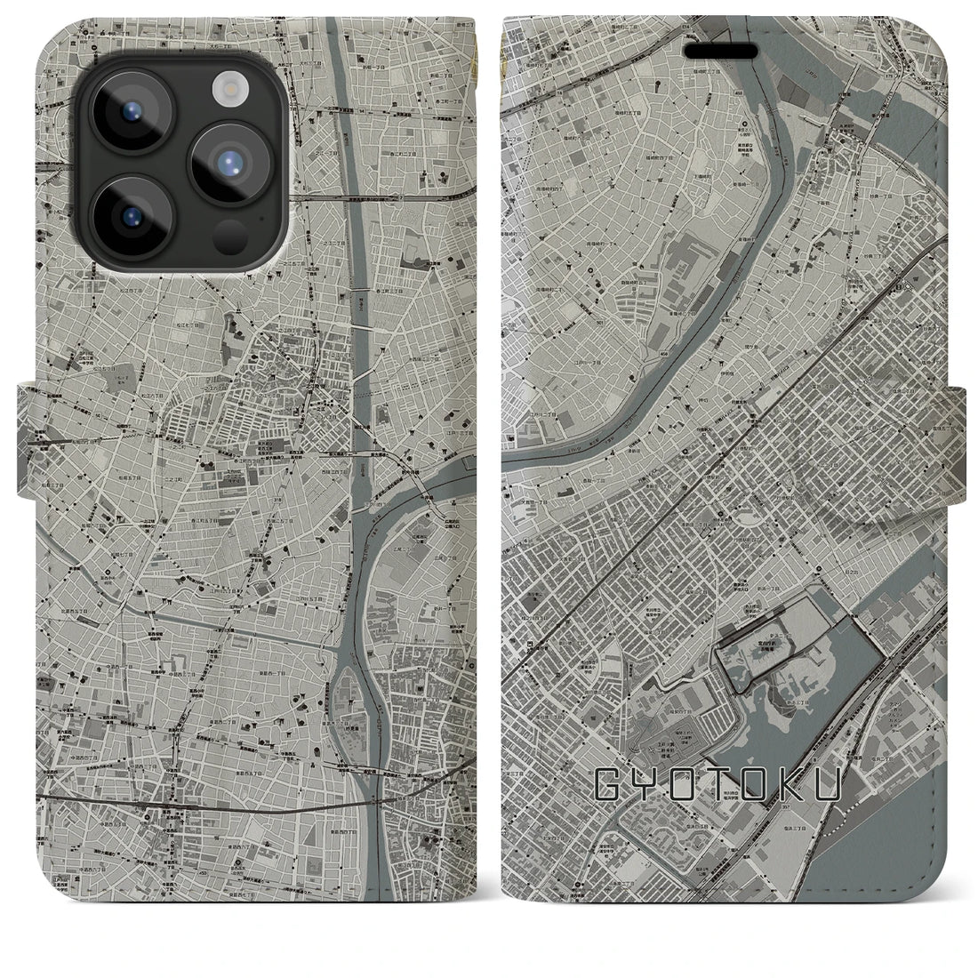 【行徳】地図柄iPhoneケース（手帳両面タイプ・モノトーン）iPhone 15 Pro Max 用