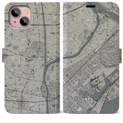 【行徳（千葉県）】地図柄iPhoneケース（手帳タイプ）モノトーン・iPhone 15 Plus 用