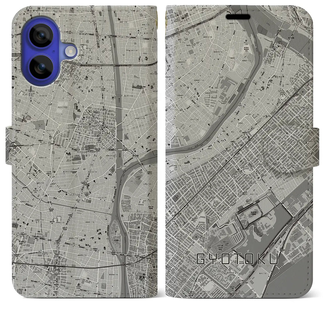 【行徳(千葉県)】地図柄iPhoneケース(手帳タイプ)モノトーン・iPhone 16 Pro Max 用