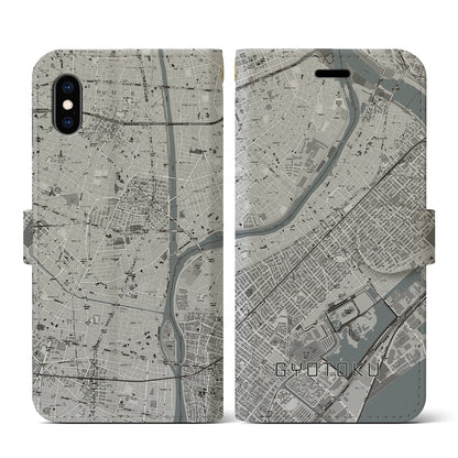 【行徳（千葉県）】地図柄iPhoneケース（手帳タイプ）モノトーン・iPhone XS / X 用