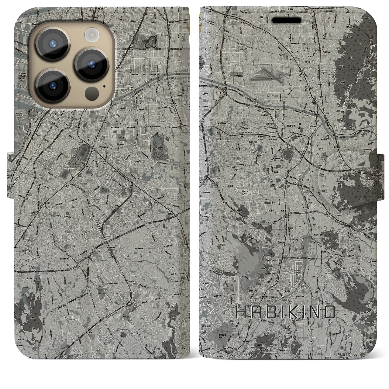 【羽曳野】地図柄iPhoneケース（手帳両面タイプ・モノトーン）iPhone 14 Pro Max 用