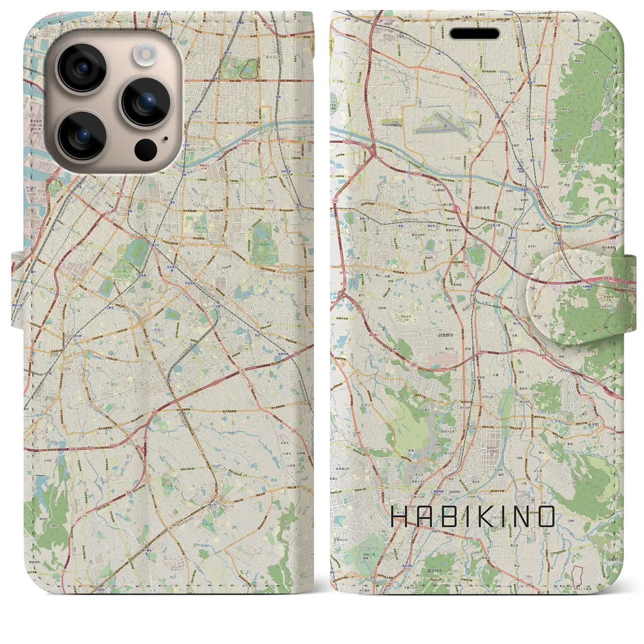 【羽曳野（大阪府）】地図柄iPhoneケース（手帳タイプ）ナチュラル・iPhone 16 Plus 用