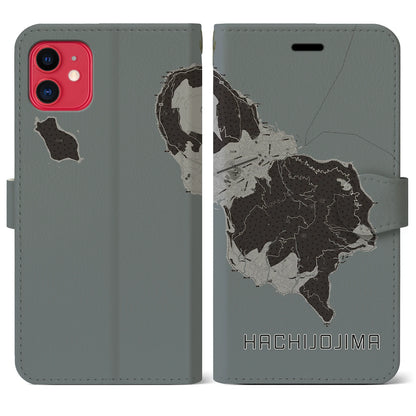 【八丈島（東京都）】地図柄iPhoneケース（手帳タイプ）モノトーン・iPhone 11 用
