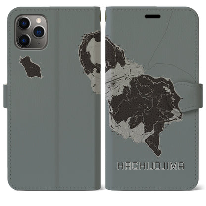 【八丈島（東京都）】地図柄iPhoneケース（手帳タイプ）モノトーン・iPhone 11 Pro Max 用