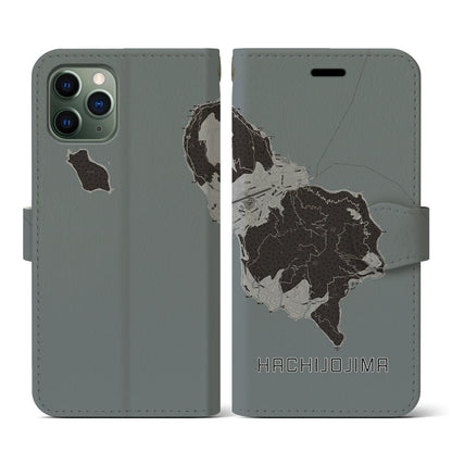 【八丈島（東京都）】地図柄iPhoneケース（手帳タイプ）モノトーン・iPhone 11 Pro 用