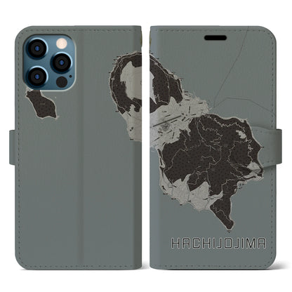 【八丈島（東京都）】地図柄iPhoneケース（手帳タイプ）モノトーン・iPhone 12 / 12 Pro 用