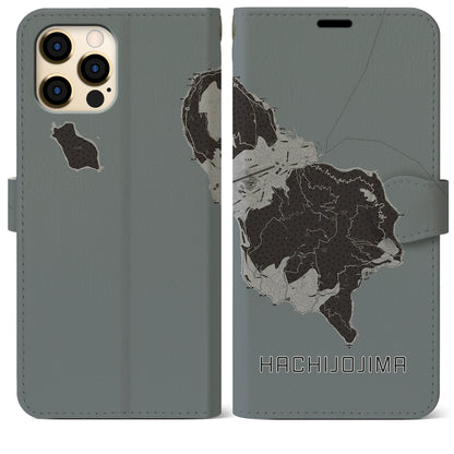 【八丈島（東京都）】地図柄iPhoneケース（手帳タイプ）モノトーン・iPhone 12 Pro Max 用