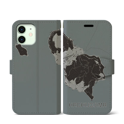 【八丈島（東京都）】地図柄iPhoneケース（手帳タイプ）モノトーン・iPhone 12 mini 用