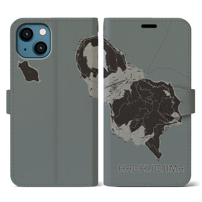 【八丈島（東京都）】地図柄iPhoneケース（手帳タイプ）モノトーン・iPhone 13 用